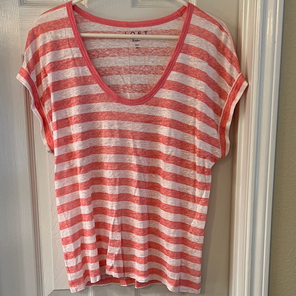 LOFT Pink & White Striped V-Neck Short Sleeve Tee